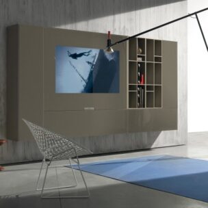 Modern wall-mounted storage unit with integrated TV and shelves, featuring a muted grey finish